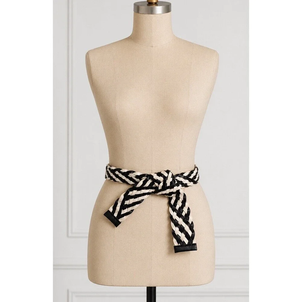 Worth New York Black Cream Woven Braided Leather Wrap Tie Belt Italy 42 Inch